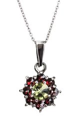 INKA, pendant, moldavite and garnets, sterling silver 925/1000