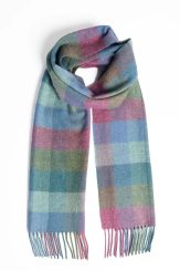 Irish scarf, Foxford Damask Green Turquoise Check Lambswool