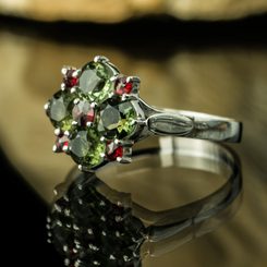 LIDIA, RING, Czech Moldavite, garnet, sterling silver