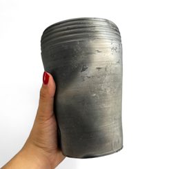 DOUBLE-EARED VASE influenced by antique patterns, Celtic graphite ceramic