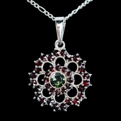 ROSETA, Moldavite, garnet, silver pendant