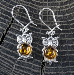 OWL, amber, silver earrings