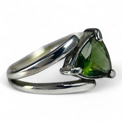 MOLDAVITE RING, trillion cut, sterling silver