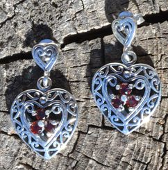 GARNET HEARTS, sterling silver earrings