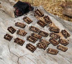 WOODEN RUNES SET - FUTHARK, 24 pieces of pendants and pouch