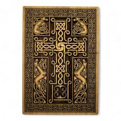Keltisches Kreuz mit Hundemotiven, Wandbild aus Holz 21x30cm, gestrickter Rahmen