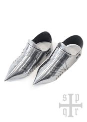 Solerets médiévaux pointus, chaussures de plaques, 14ème siècle, acier de 1,5 mm d'épaisseur, paire
