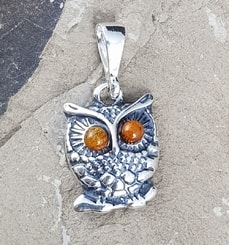 OWL, amber and silver, pendant