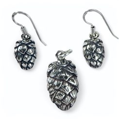Hopfen - Hopfenzapfen, Set aus Anhänger und Ohrringen, Silber 925