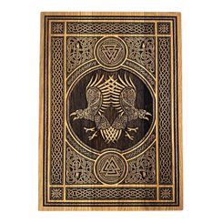 Huninn and Muninn with ornaments, wall decoration, wood 32x46cm