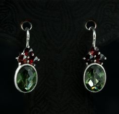 ADORA, silver earrings, moldavite, garnet