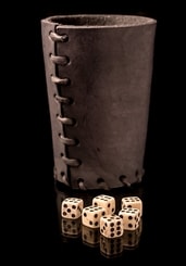 LEATHER DICE CUP black and 6 bone Dice