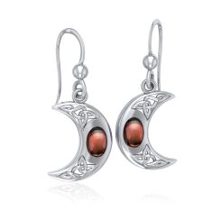 Silver Crescent Moon Earrings with garnet