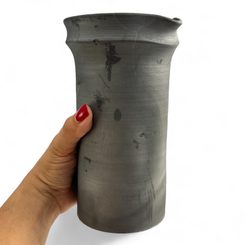 DOUBLE-EARED VASE influenced by antique patterns, Celtic graphite ceramic