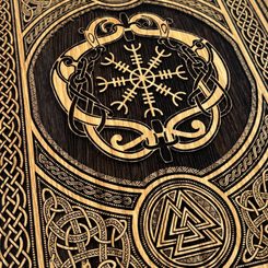 Huninn and Muninn with ornaments, wall decoration, wood 32x46cm