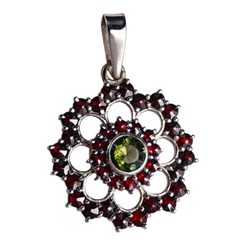 ROSETA, Moldavite, garnet, silver pendant
