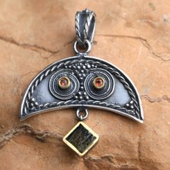 LUNA with MOLDAVITE and GARNET women's pendant, gold-plated silver