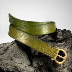 QUERCUS, Ceinture en cuir avec feuilles de chêne, vert olive