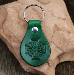 CELTIC CROSS Green Leather Keychain