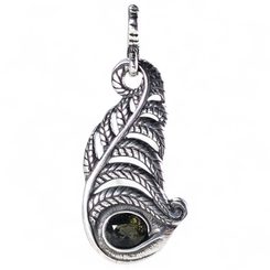 Pendentif en argent avec moldavite, motif fougère, Ag 925