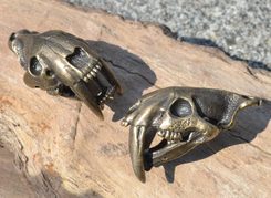SMILODON, Sabertooth Tiger Skull Pendant, massive jewel, tin, brass colour