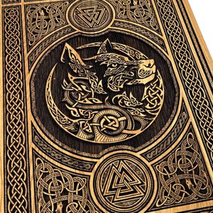 Fenrir et Valknut- Décoration murale loup, bois 32x46 cm