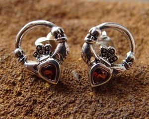 Silver Claddagh Earrings with garnet