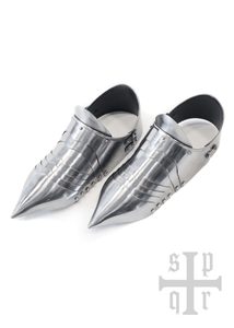 Solerets médiévaux pointus, chaussures de plaques, 14ème siècle, acier de 1,5 mm d'épaisseur, paire