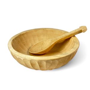 Mittelalterliches Essbesteck, geschnitzte Schale und Löffel
