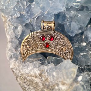 LUNITSA, crescent moon, fertility pendant, bronze, garnets