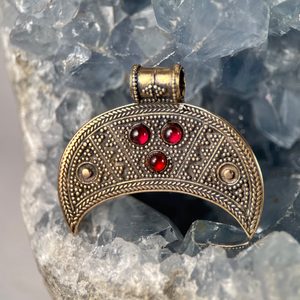 LUNITSA, crescent moon, fertility pendant, bronze, garnets