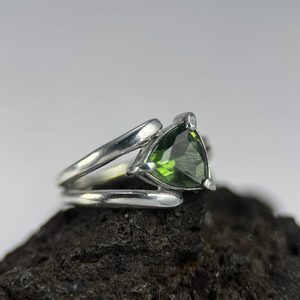 MOLDAVITE RING, trillion cut, sterling silver