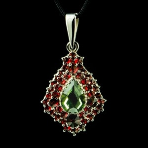 MOLDAU, Moldavite, garnet, silver pendant