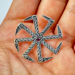 KOLOVRAT WITH GARNET, Silver Slavic Colovrat Pendant, Ag 925