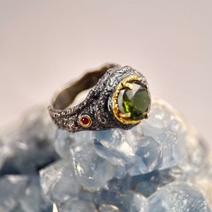 HERCINIA Silver Ring with Moldavite and Garnet, Ag 925/1000