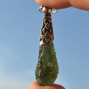 MOLDAVITE, necklace with filigree and granulation, pendant, silver 925 I