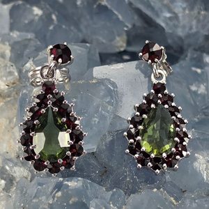 Silver Earrings with Moldavite and Garnet, Ag 925