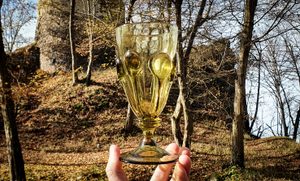PERCHTA, BOHEMIAN MEDIEVAL GOBLET, green forest glass