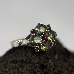 LIDIA, RING, Czech Moldavite, garnet, sterling silver