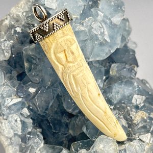 DAZBOG, carved Slavic Amulet, deer antler and silver 925