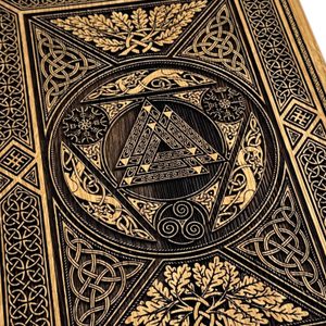 Valknut with oak leaves wall decoration, wood 32x46cm