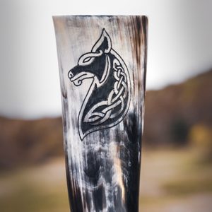 CELTIC WOLF, carved drinking horn
