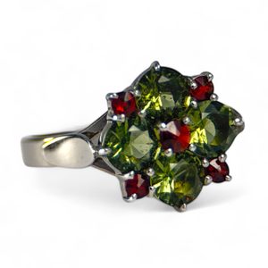 LIDIA, RING, Czech Moldavite, garnet, sterling silver