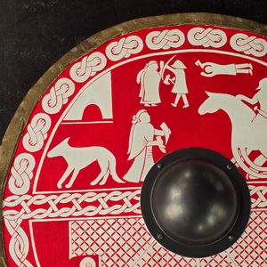 Painted Viking shield, plywood, linen, leather