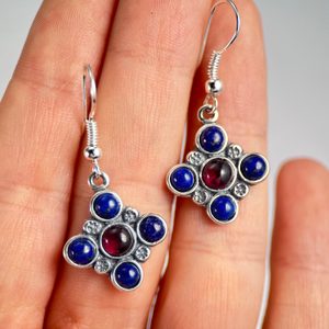 PRAGA, medieval silver earrings, garnet and lapis lazuli, Ag 925/1000
