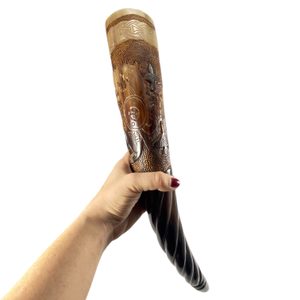 Odin, Sleipnir, Huginn and Muninn, decorated Viking horn