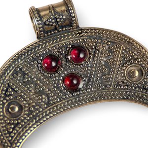 LUNITSA, crescent moon, fertility pendant, bronze, garnets