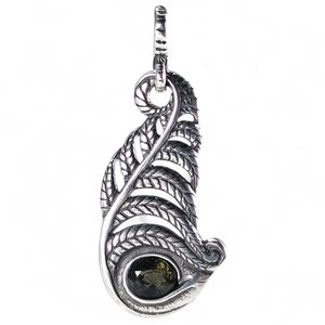 Pendentif en argent avec moldavite, motif fougère, Ag 925
