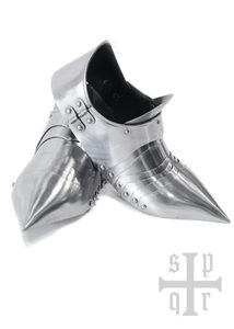 Solerets médiévaux pointus, chaussures de plaques, 14ème siècle, acier de 1,5 mm d'épaisseur, paire