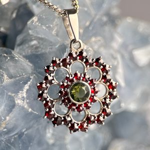 ROSETA, Moldavite, garnet, silver pendant